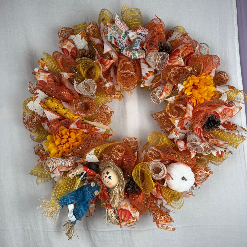 Hand made Autumn Harvest Wreath with Scarecrow